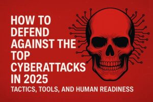 Red cybersecurity hero with skull motif and bold title: How to Defend Against the Top Cyberattacks in 2025 Tactics, Tools, and Human Readiness