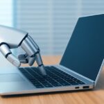 AI bot analyzing digital cybersecurity shield illustration representing AI bot security 2025 and data protection systems.