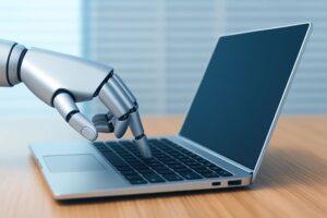 AI bot analyzing digital cybersecurity shield illustration representing AI bot security 2025 and data protection systems.