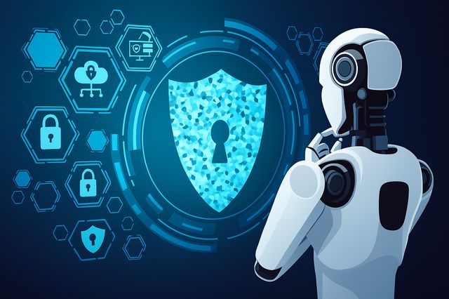 AI bot analyzing digital cybersecurity shield illustration representing AI bot security 2025 and data protection systems.