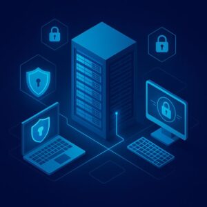 Illustration of secure hosting infrastructure with central server and connected endpoints, symbolizing cyber resilience and reliable hosting for SMBs in 2025