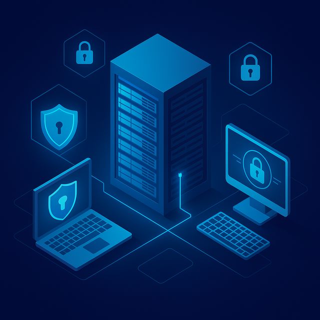 Illustration of secure hosting infrastructure with central server and connected endpoints, symbolizing cyber resilience and reliable hosting for SMBs in 2025
