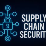 A modern cybersecurity illustration showing a glowing digital padlock connected to multiple network nodes, symbolizing secure and resilient supply chains in technology ecosystems