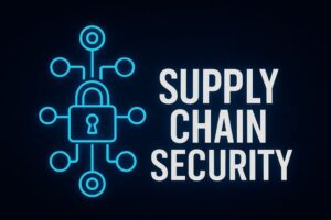 A modern cybersecurity illustration showing a glowing digital padlock connected to multiple network nodes, symbolizing secure and resilient supply chains in technology ecosystems