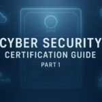 Wide header image showing a digital cybersecurity certification badge with holographic cloud, DevOps, and security icons in the background, labeled “Cyber Security Certification Guide Part 1. Modern blue gray enterprise tech design.