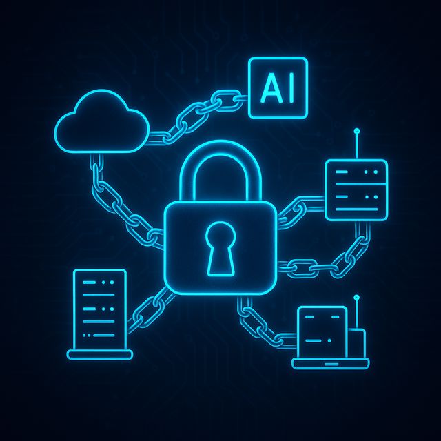illustration of supply chain cybersecurity showing interconnected data chains linking AI systems, cloud infrastructure, servers, and factories symbolizing digital trust and resilience across global technology networks.