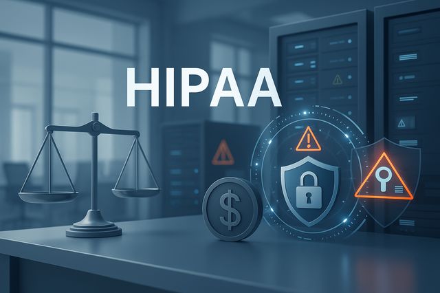 Wide professional image illustrating HIPAA penalties and compliance enforcement, featuring cybersecurity symbols such as digital locks, shields, and balance scales combined with financial fine visuals in a modern data center environment, conveying caution and accountability.
