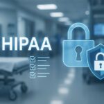 Illustration representing HIPAA penalties and compliance enforcement with digital security icons and financial fine symbols in a modern healthcare data center environment