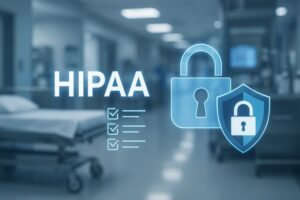 Illustration representing HIPAA penalties and compliance enforcement with digital security icons and financial fine symbols in a modern healthcare data center environment