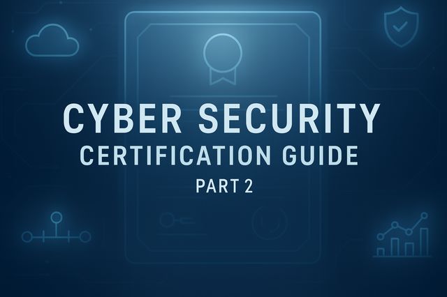 Cybersecurity Certification Guide Part 2 cover image showing a blue digital background with security icons, representing 2026 threat-defense and cyber skills roadmap.