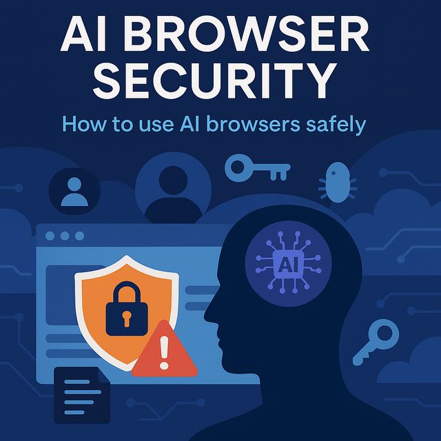 Illustration representing AI Browser Security 2025 human silhouette with AI chip, web browser window with security shield and warning icon, symbolizing safe use of Atlas and Comet AI browsers for SMBs