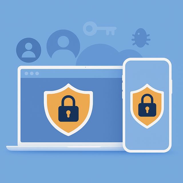 Digital illustration showing a laptop and smartphone with cybersecurity shield and lock icons, representing AI browser security and safe browsing practices for 2025.