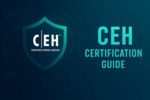 CEH certification guide cover with cybersecurity shield and ethical hacker emblem in blue design