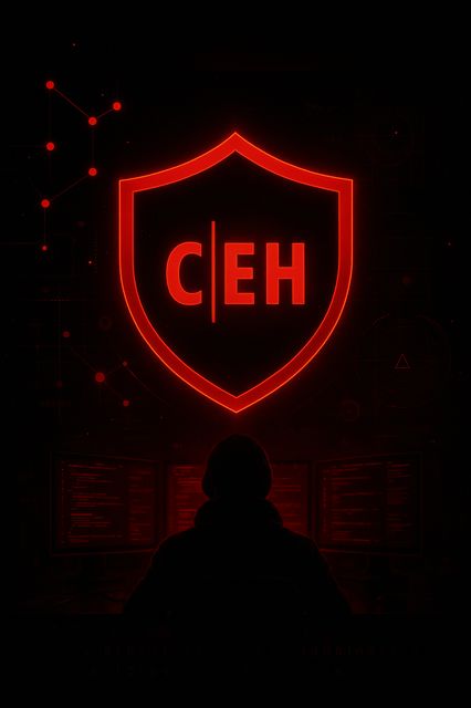 CEH ethical hacker red shield with attacker silhouette and dark cybersecurity background