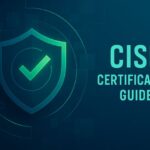 Modern cybersecurity illustration featuring a green shield and checkmark for the CISM Certification Guide, symbolizing governance, risk management, and security leadership