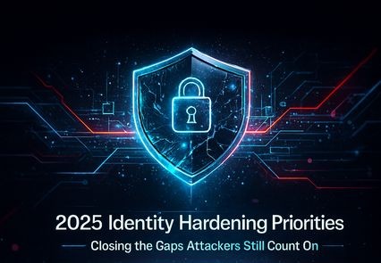 2026 identity hardening illustration featuring a glowing cyber shield and lock symbol, representing modern defenses against Active Directory attack paths