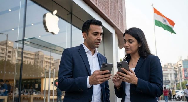 Two professionals standing outside an Apple Store in India reviewing their smartphones, illustrating the debate over the government’s attempted mandate for a non-removable cyber safety app on all devices