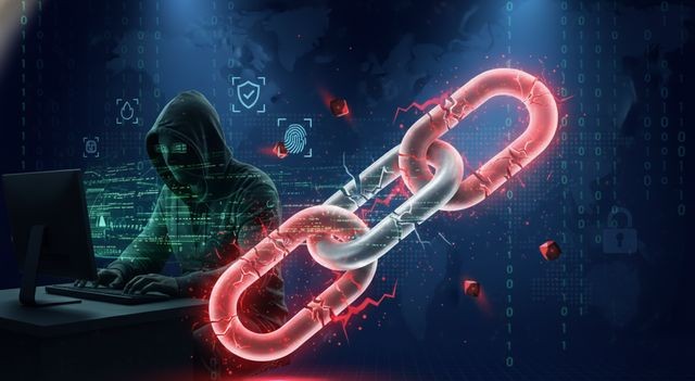 Hacker exploiting a vulnerability in the digital supply chain security link, symbolizing third-party risks and cyber perimeter expansion.